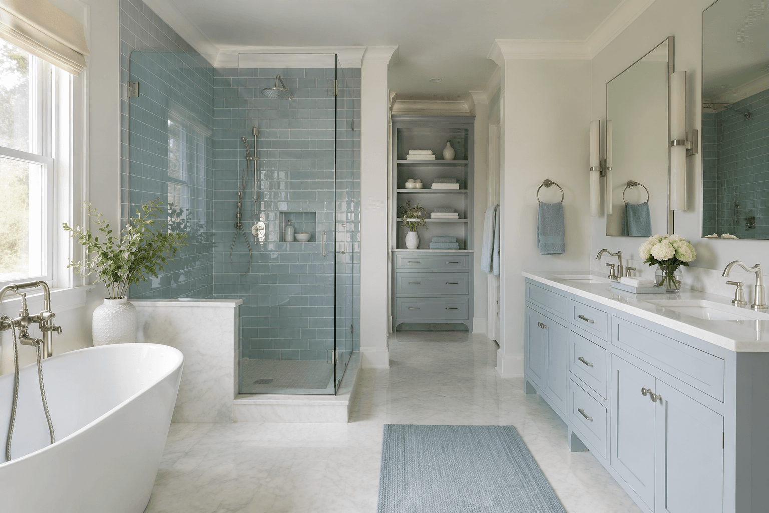 A serene, well-organized bathroom interior